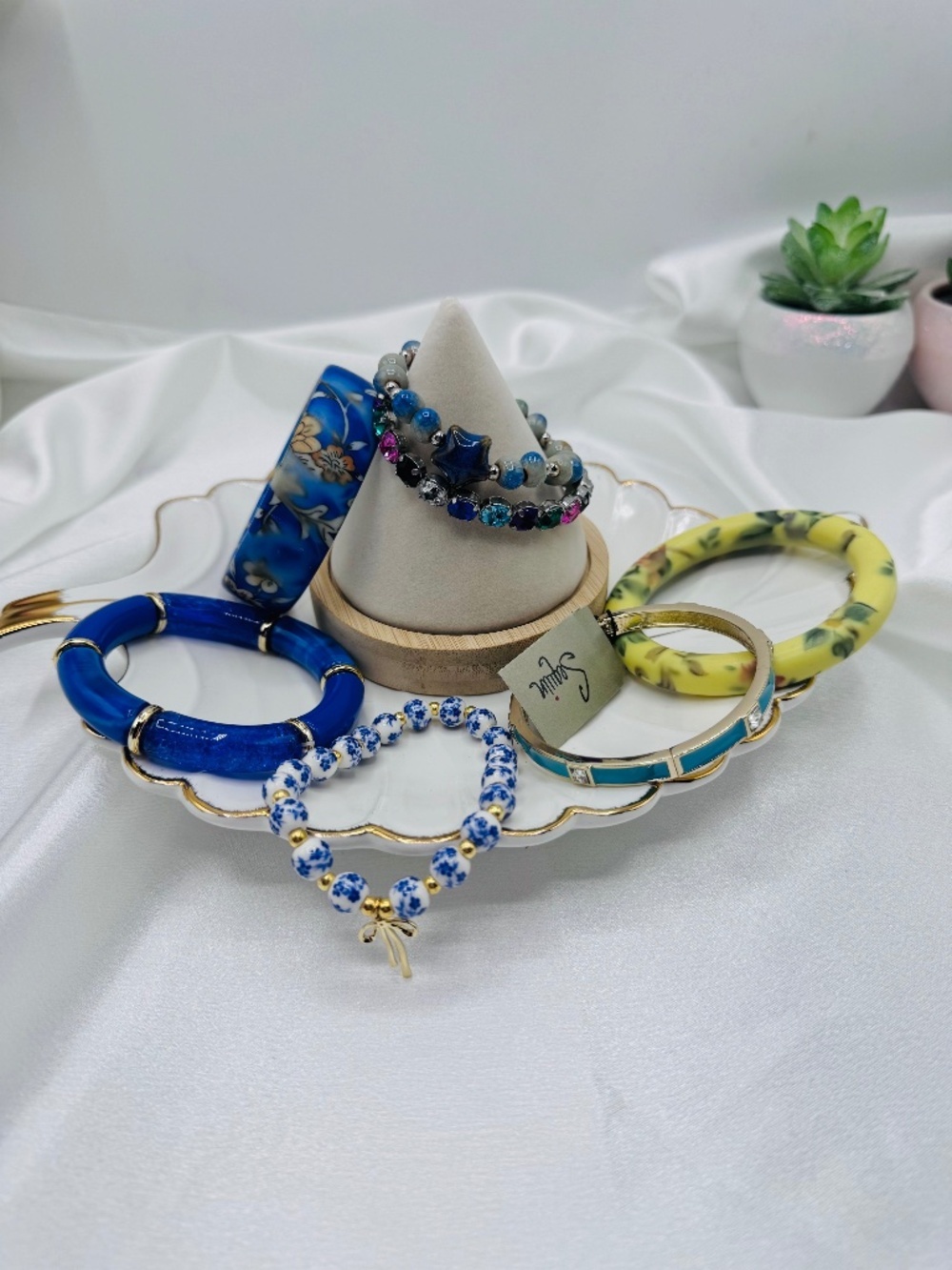 Blue & Yellow Mixed Bracelet Lot Floral Bangles, 7 pieces
